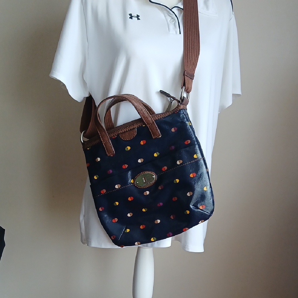 Fossil Blue and Brown Tote with Playful Pattern